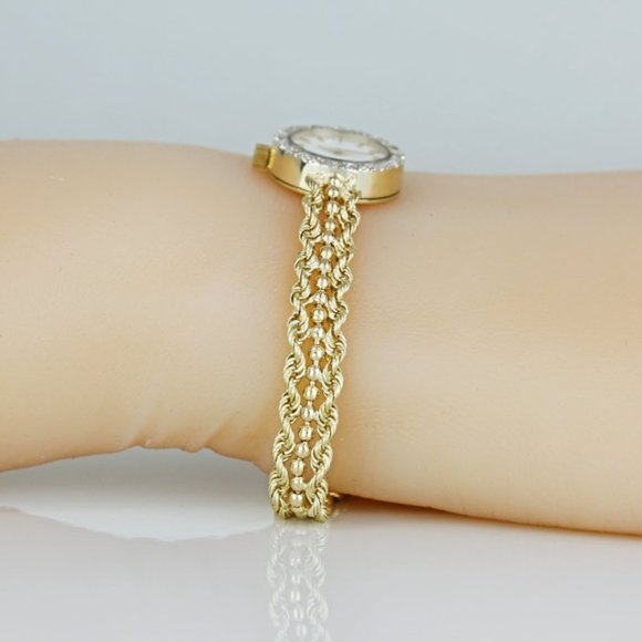 Vintage 14K Yellow Gold & Diamond Bulova Ladies Rope & Bead Bracelet Watch - Picture 8 of 9